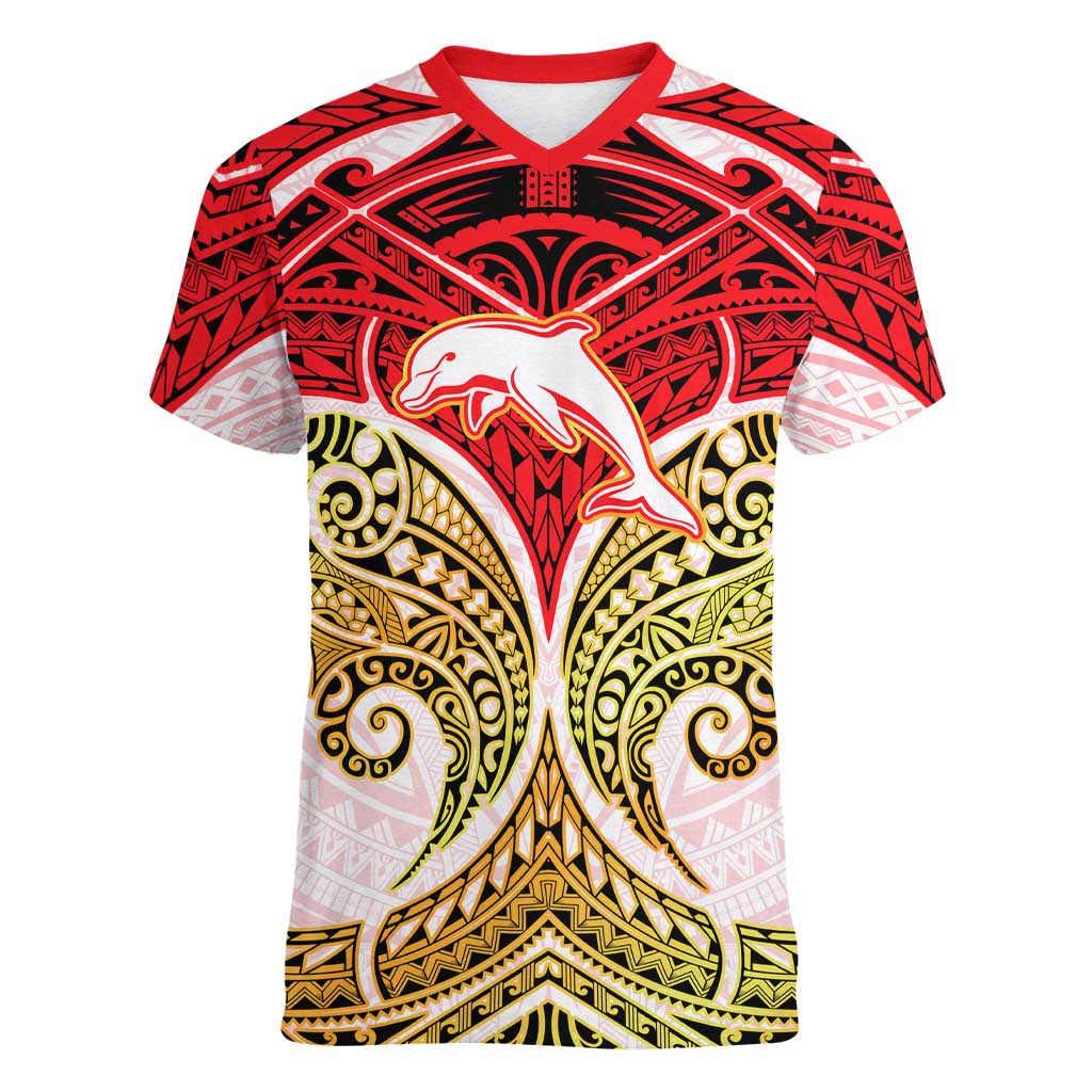Personalized Dolphins Women V-Neck T-Shirt Polynesian Tribal Pattern Style