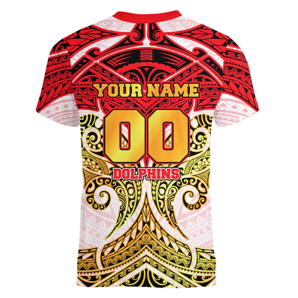 Personalized Dolphins Women V-Neck T-Shirt Polynesian Tribal Pattern Style