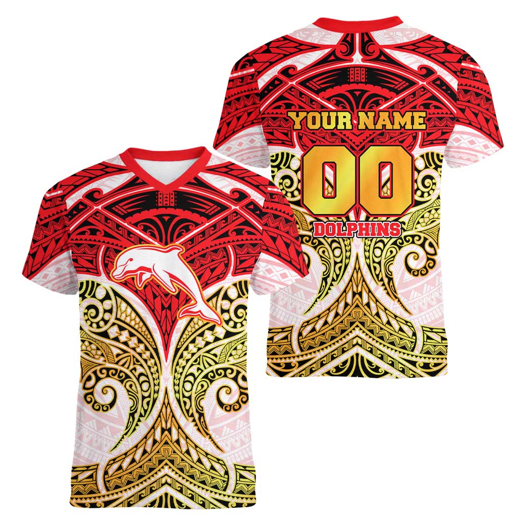 Personalized Dolphins Women V-Neck T-Shirt Polynesian Tribal Pattern Style