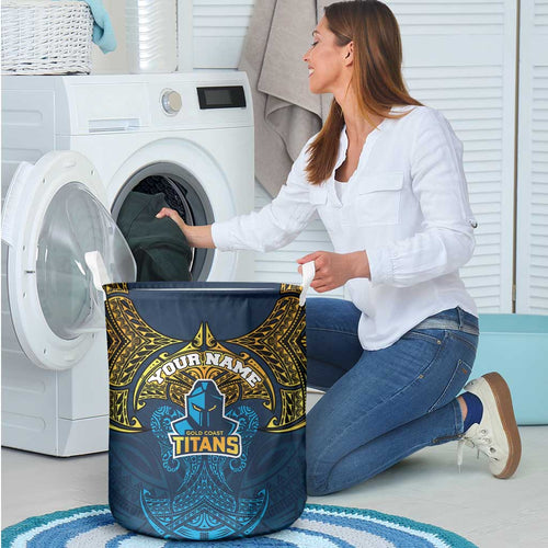 Personalized Gold Coast Titans Laundry Basket Polynesian Tribal Pattern Style