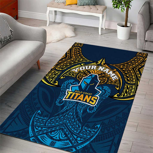 Personalized Gold Coast Titans Area Rug Polynesian Tribal Pattern Style