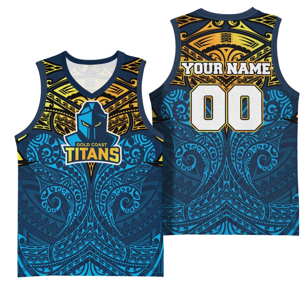 Personalized Gold Coast Titans Basketball Jersey Polynesian Tribal Pattern Style