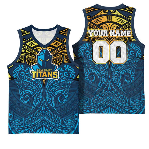 Personalized Gold Coast Titans Basketball Jersey Polynesian Tribal Pattern Style