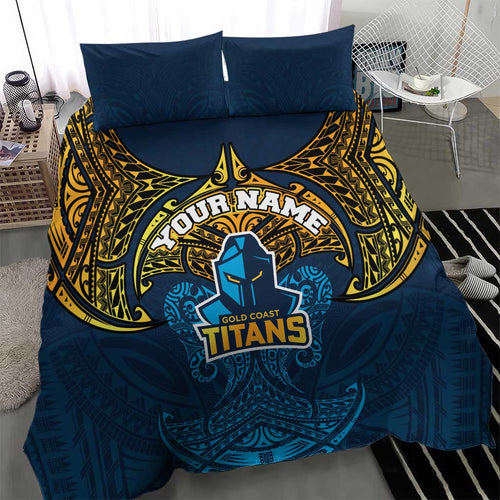 Personalized Gold Coast Titans Bedding Set Polynesian Tribal Pattern Style