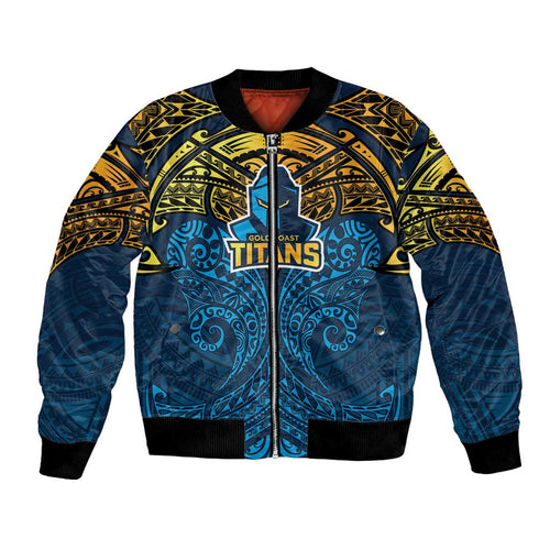 Personalized Gold Coast Titans Bomber Jacket Polynesian Tribal Pattern Style