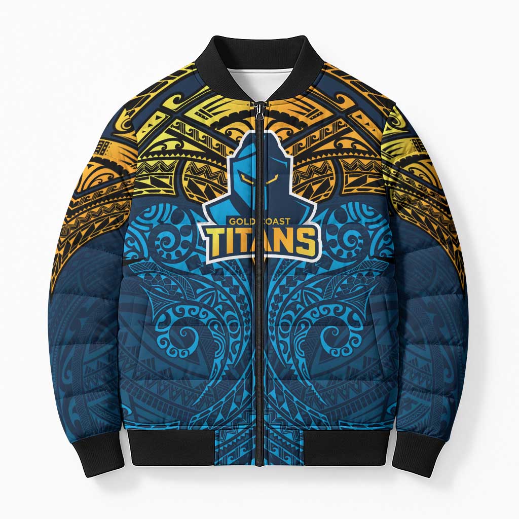 Personalized Gold Coast Titans Bomber Puffer Jacket Polynesian Tribal Pattern Style
