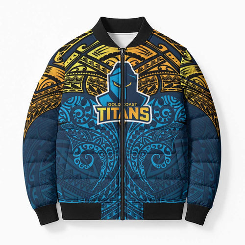 Personalized Gold Coast Titans Bomber Puffer Jacket Polynesian Tribal Pattern Style