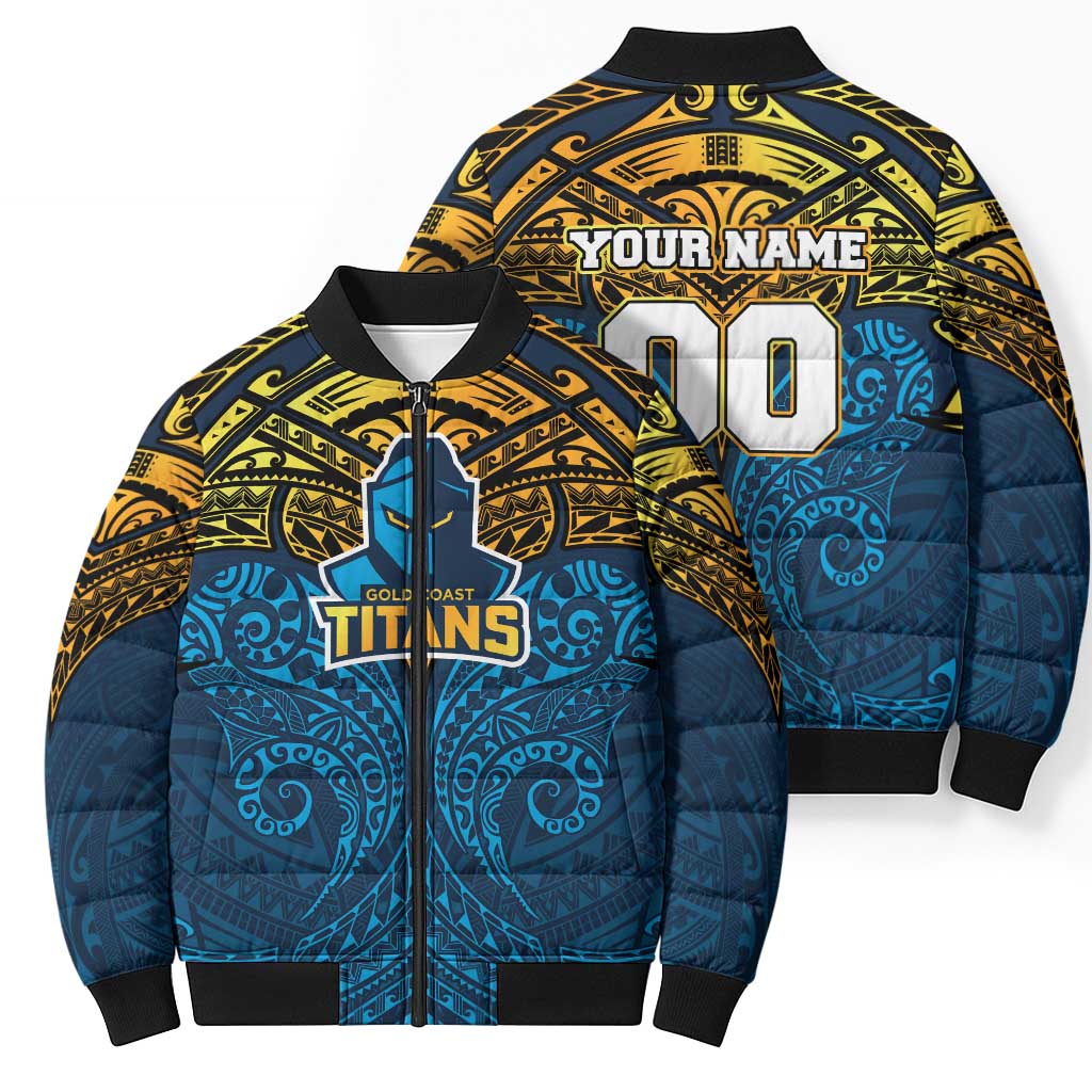 Personalized Gold Coast Titans Bomber Puffer Jacket Polynesian Tribal Pattern Style