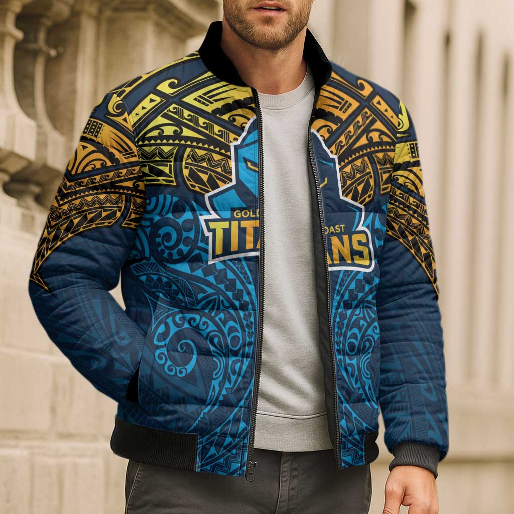 Personalized Gold Coast Titans Bomber Puffer Jacket Polynesian Tribal Pattern Style