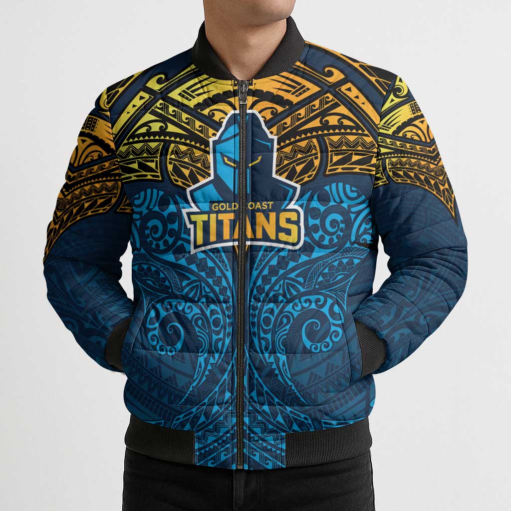 Personalized Gold Coast Titans Bomber Puffer Jacket Polynesian Tribal Pattern Style