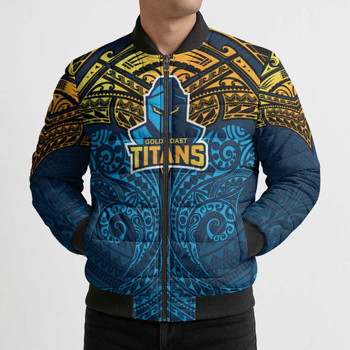 Personalized Gold Coast Titans Bomber Puffer Jacket Polynesian Tribal Pattern Style