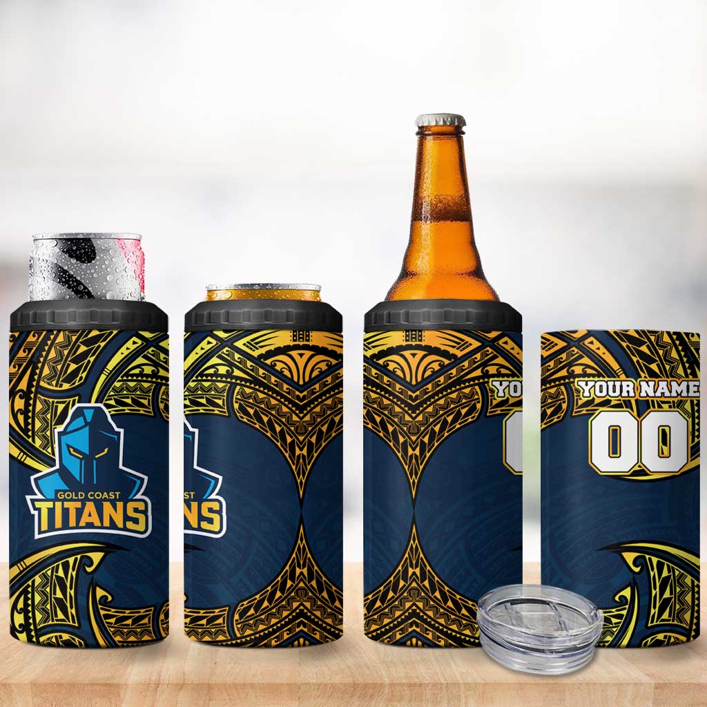 Personalized Gold Coast Titans 4 in 1 Can Cooler Tumbler Polynesian Tribal Pattern Style