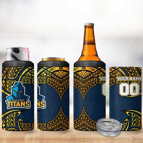 Personalized Gold Coast Titans 4 in 1 Can Cooler Tumbler Polynesian Tribal Pattern Style