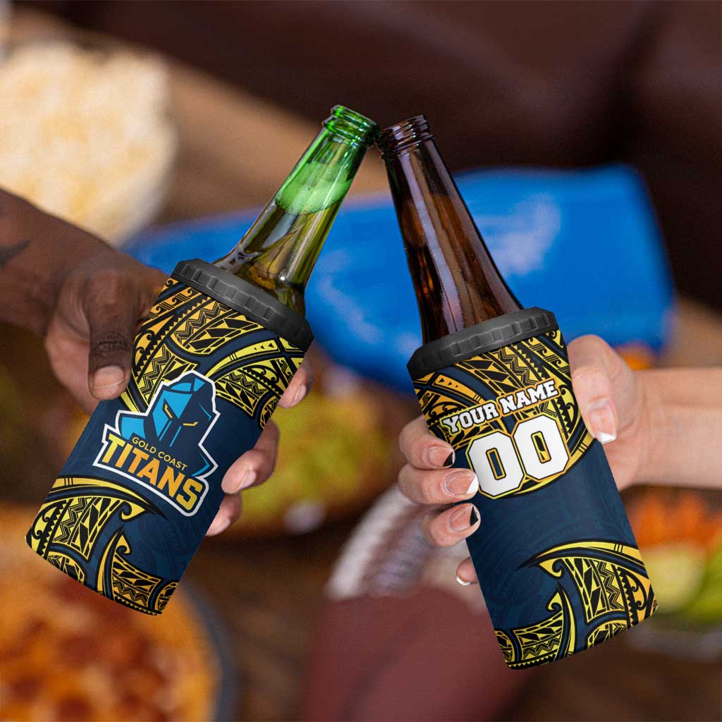 Personalized Gold Coast Titans 4 in 1 Can Cooler Tumbler Polynesian Tribal Pattern Style