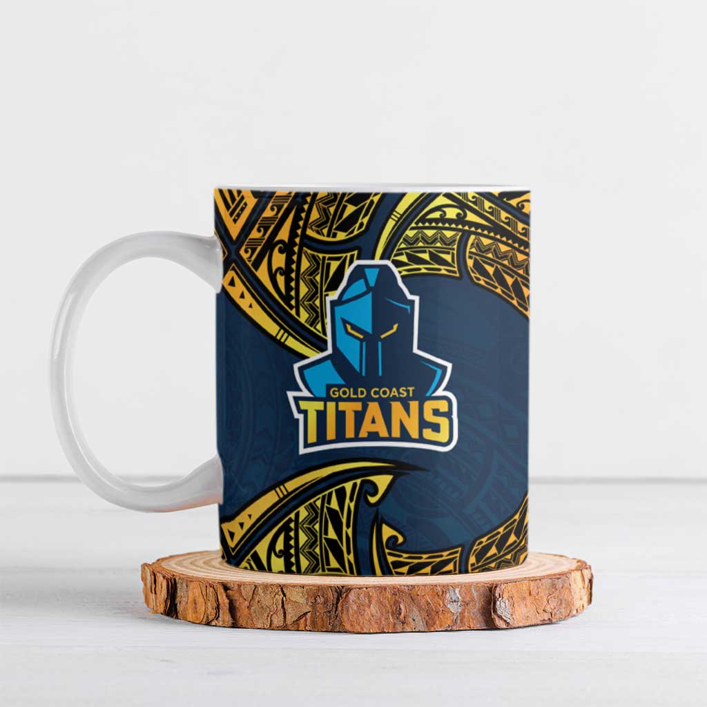 Personalized Gold Coast Titans Ceramic Mug Polynesian Tribal Pattern Style
