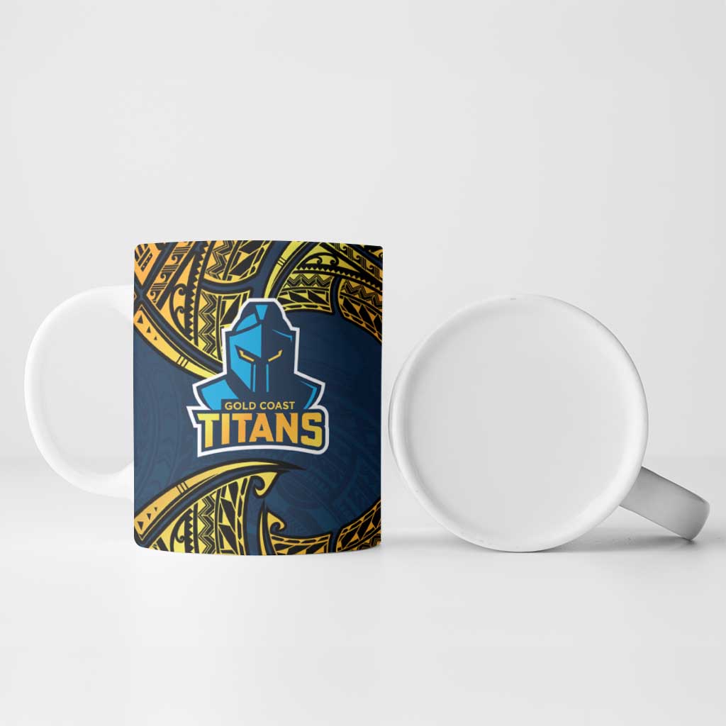 Personalized Gold Coast Titans Ceramic Mug Polynesian Tribal Pattern Style