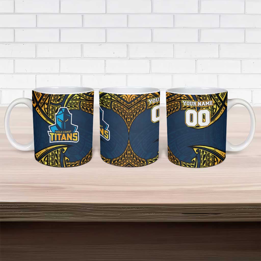 Personalized Gold Coast Titans Ceramic Mug Polynesian Tribal Pattern Style