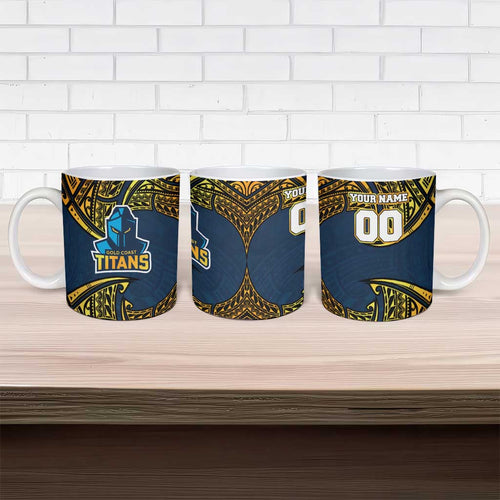 Personalized Gold Coast Titans Ceramic Mug Polynesian Tribal Pattern Style