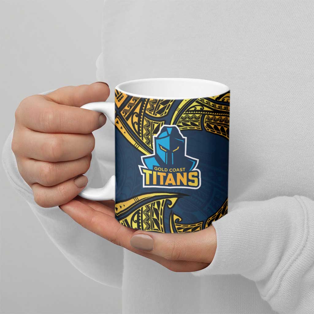 Personalized Gold Coast Titans Ceramic Mug Polynesian Tribal Pattern Style