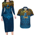 Personalized Gold Coast Titans Couples Matching Long Sleeve Bodycon Dress and Hawaiian Shirt Polynesian Tribal Pattern Style