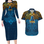 Personalized Gold Coast Titans Couples Matching Long Sleeve Bodycon Dress and Hawaiian Shirt Polynesian Tribal Pattern Style