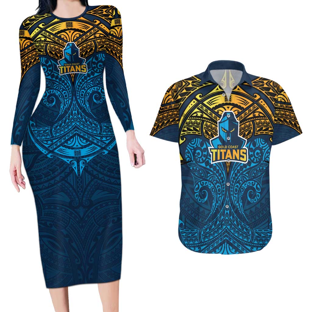 Personalized Gold Coast Titans Couples Matching Long Sleeve Bodycon Dress and Hawaiian Shirt Polynesian Tribal Pattern Style
