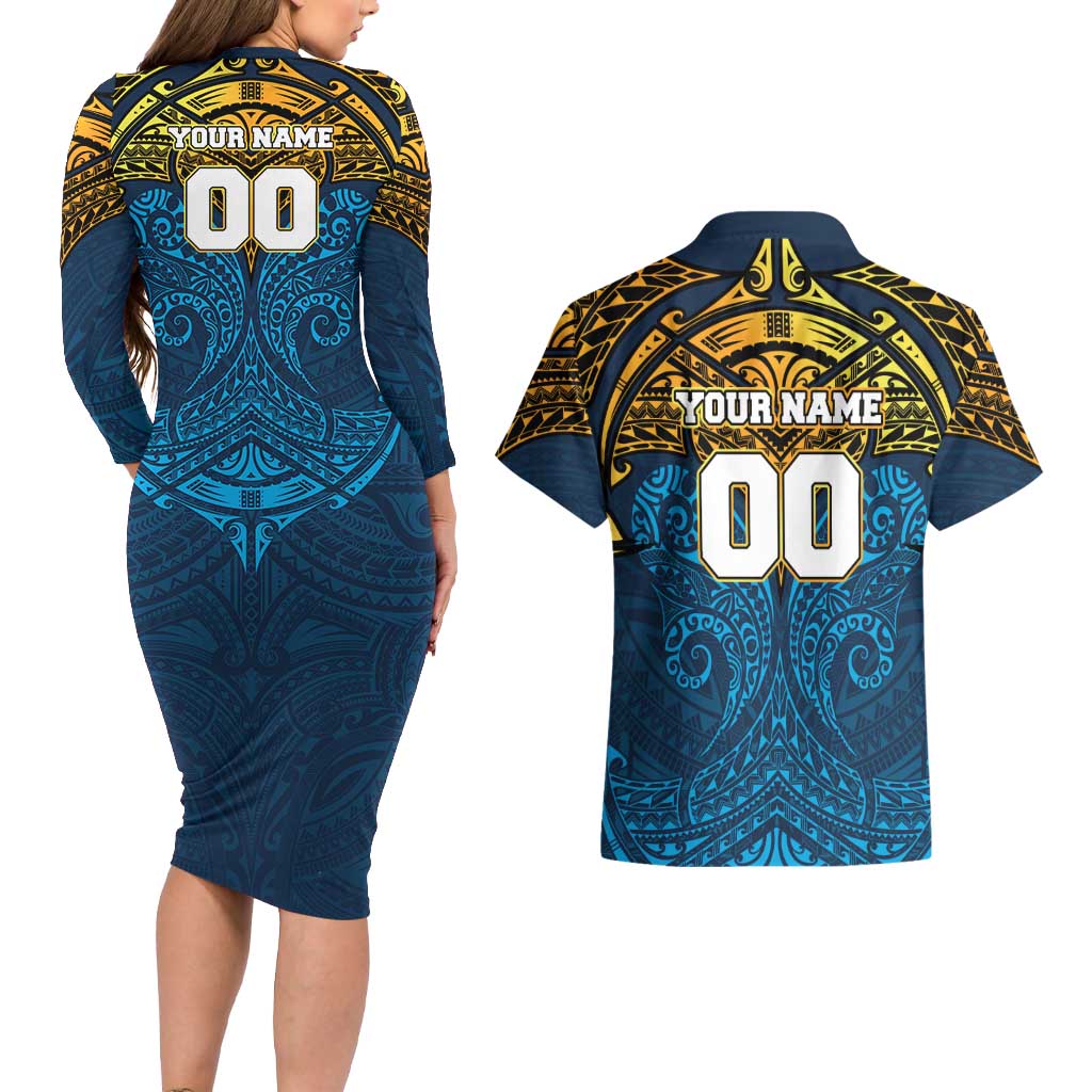 Personalized Gold Coast Titans Couples Matching Long Sleeve Bodycon Dress and Hawaiian Shirt Polynesian Tribal Pattern Style