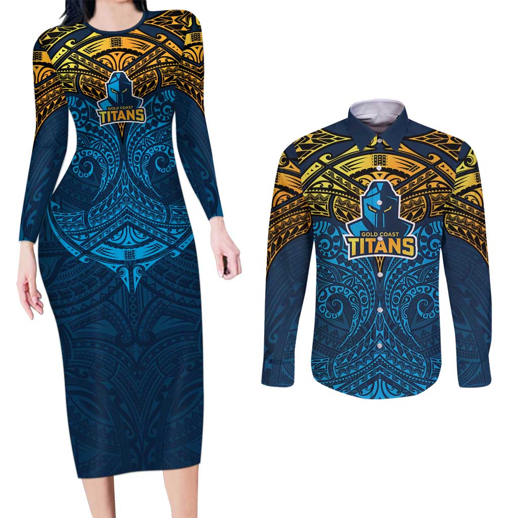 Personalized Gold Coast Titans Couples Matching Long Sleeve Bodycon Dress and Long Sleeve Button Shirt Polynesian Tribal Pattern Style
