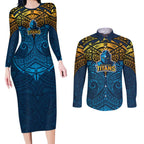 Personalized Gold Coast Titans Couples Matching Long Sleeve Bodycon Dress and Long Sleeve Button Shirt Polynesian Tribal Pattern Style