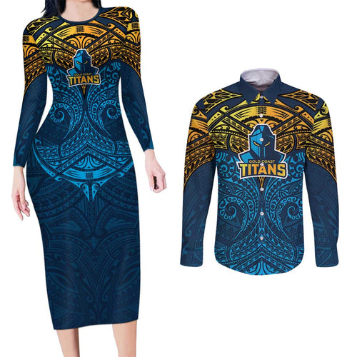 Personalized Gold Coast Titans Couples Matching Long Sleeve Bodycon Dress and Long Sleeve Button Shirt Polynesian Tribal Pattern Style