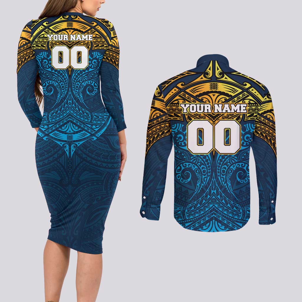 Personalized Gold Coast Titans Couples Matching Long Sleeve Bodycon Dress and Long Sleeve Button Shirt Polynesian Tribal Pattern Style