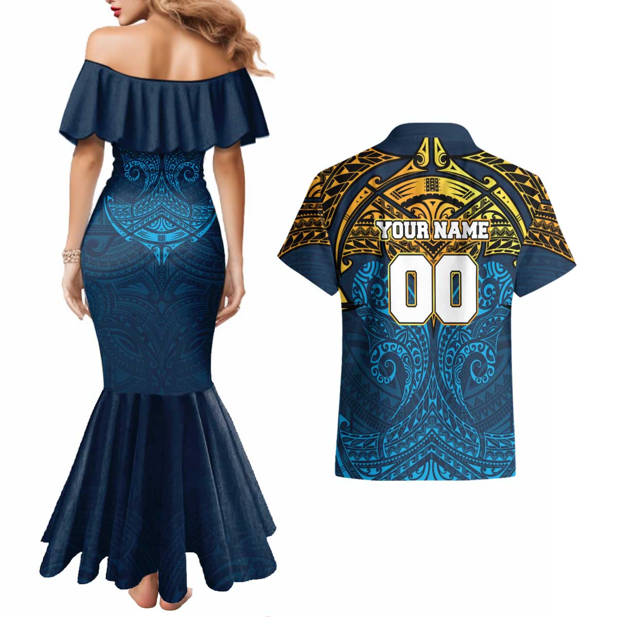 Personalized Gold Coast Titans Couples Matching Mermaid Dress and Hawaiian Shirt Polynesian Tribal Pattern Style