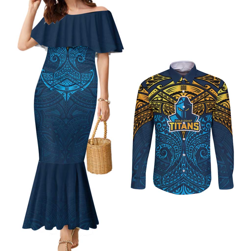 Personalized Gold Coast Titans Couples Matching Mermaid Dress and Long Sleeve Button Shirt Polynesian Tribal Pattern Style