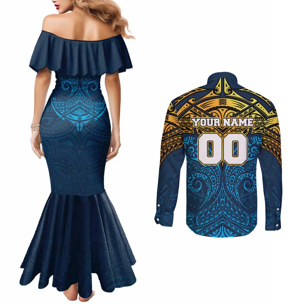 Personalized Gold Coast Titans Couples Matching Mermaid Dress and Long Sleeve Button Shirt Polynesian Tribal Pattern Style