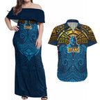 Personalized Gold Coast Titans Couples Matching Off Shoulder Maxi Dress and Hawaiian Shirt Polynesian Tribal Pattern Style