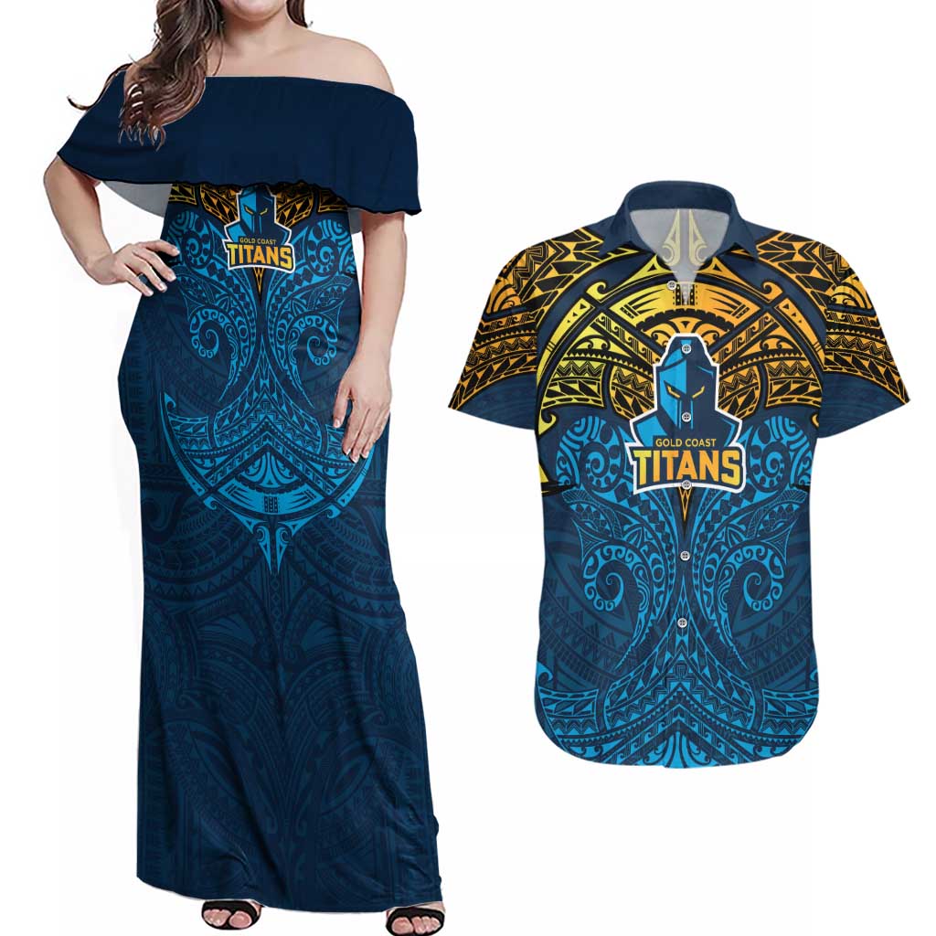 Personalized Gold Coast Titans Couples Matching Off Shoulder Maxi Dress and Hawaiian Shirt Polynesian Tribal Pattern Style
