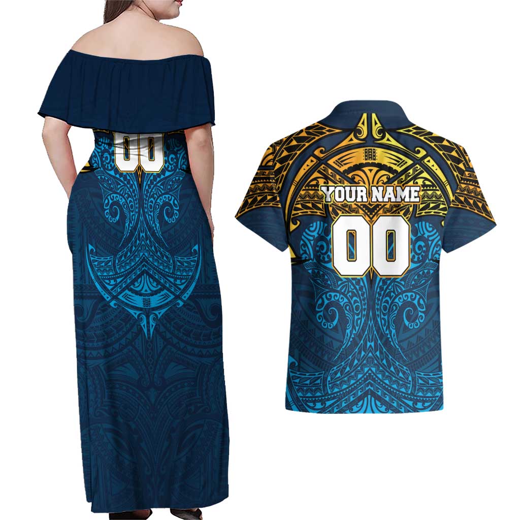 Personalized Gold Coast Titans Couples Matching Off Shoulder Maxi Dress and Hawaiian Shirt Polynesian Tribal Pattern Style