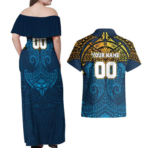 Personalized Gold Coast Titans Couples Matching Off Shoulder Maxi Dress and Hawaiian Shirt Polynesian Tribal Pattern Style