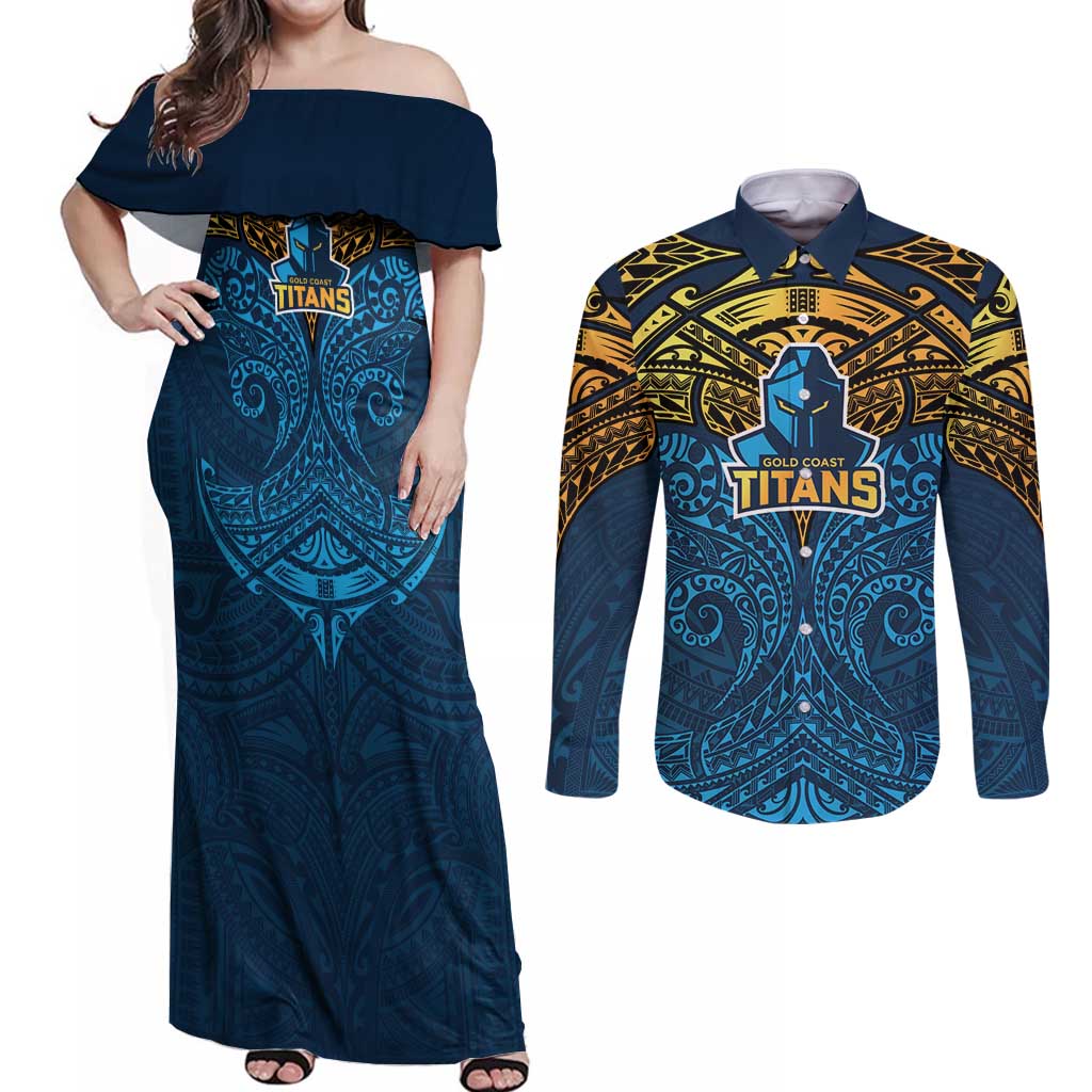 Personalized Gold Coast Titans Couples Matching Off Shoulder Maxi Dress and Long Sleeve Button Shirt Polynesian Tribal Pattern Style