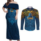 Personalized Gold Coast Titans Couples Matching Off Shoulder Maxi Dress and Long Sleeve Button Shirt Polynesian Tribal Pattern Style