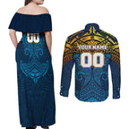 Personalized Gold Coast Titans Couples Matching Off Shoulder Maxi Dress and Long Sleeve Button Shirt Polynesian Tribal Pattern Style