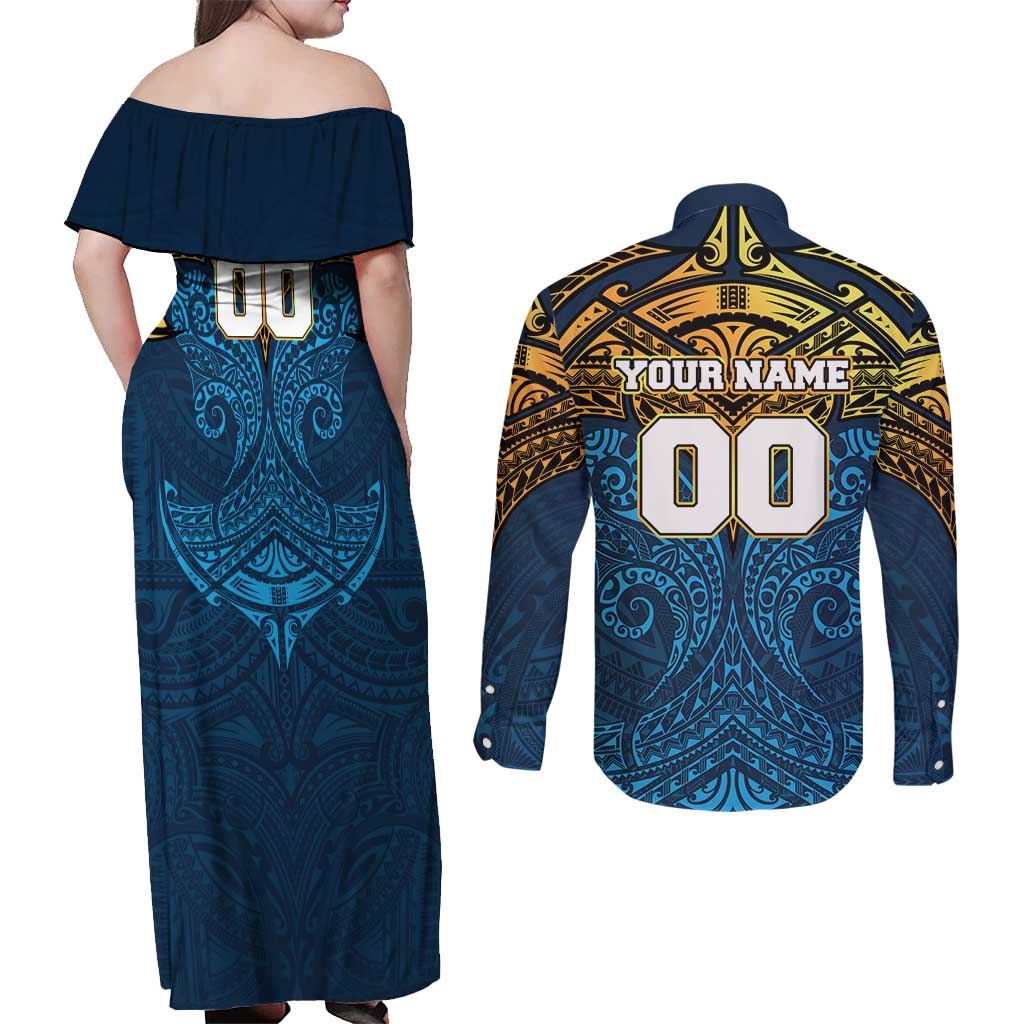 Personalized Gold Coast Titans Couples Matching Off Shoulder Maxi Dress and Long Sleeve Button Shirt Polynesian Tribal Pattern Style