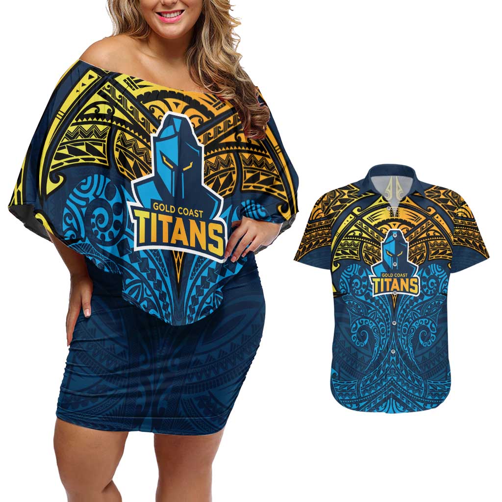 Personalized Gold Coast Titans Couples Matching Off Shoulder Short Dress and Hawaiian Shirt Polynesian Tribal Pattern Style
