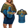 Personalized Gold Coast Titans Couples Matching Off Shoulder Short Dress and Hawaiian Shirt Polynesian Tribal Pattern Style