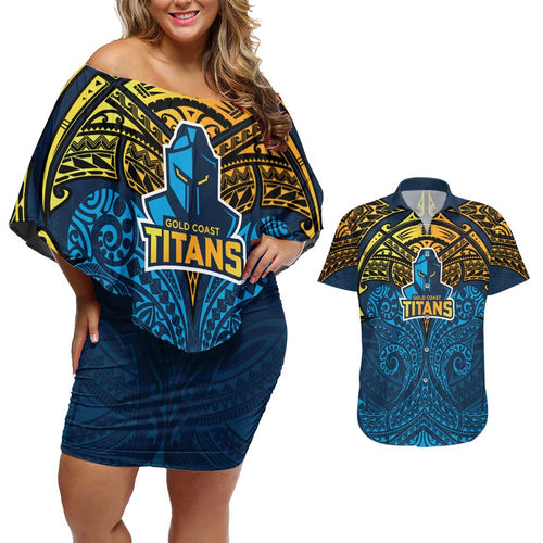 Personalized Gold Coast Titans Couples Matching Off Shoulder Short Dress and Hawaiian Shirt Polynesian Tribal Pattern Style