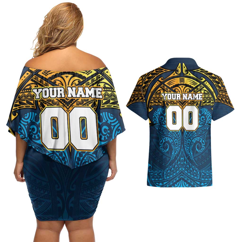 Personalized Gold Coast Titans Couples Matching Off Shoulder Short Dress and Hawaiian Shirt Polynesian Tribal Pattern Style