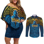 Personalized Gold Coast Titans Couples Matching Off Shoulder Short Dress and Long Sleeve Button Shirt Polynesian Tribal Pattern Style