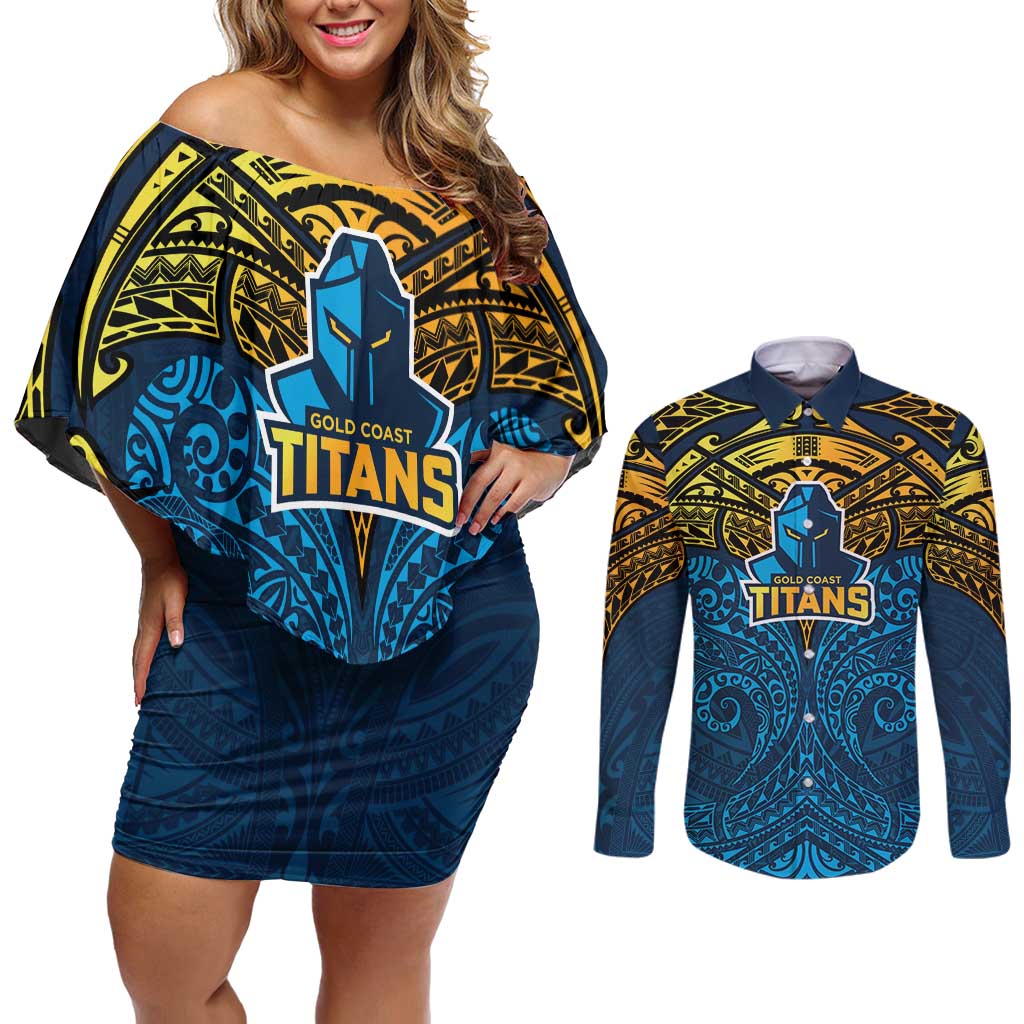 Personalized Gold Coast Titans Couples Matching Off Shoulder Short Dress and Long Sleeve Button Shirt Polynesian Tribal Pattern Style
