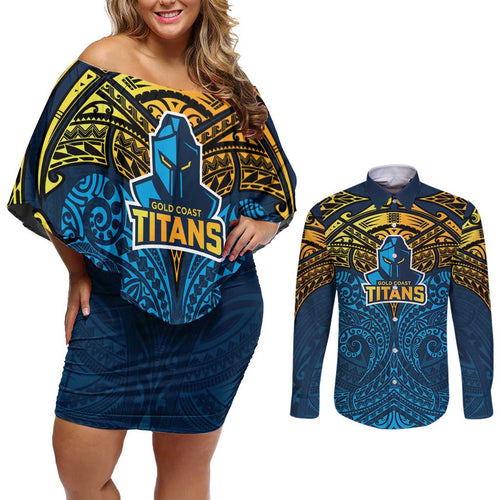 Personalized Gold Coast Titans Couples Matching Off Shoulder Short Dress and Long Sleeve Button Shirt Polynesian Tribal Pattern Style