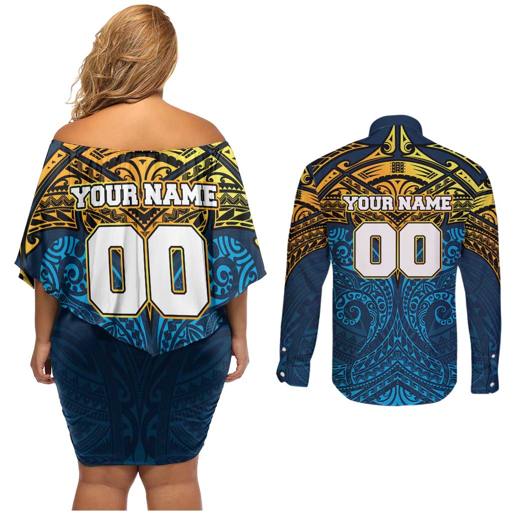 Personalized Gold Coast Titans Couples Matching Off Shoulder Short Dress and Long Sleeve Button Shirt Polynesian Tribal Pattern Style